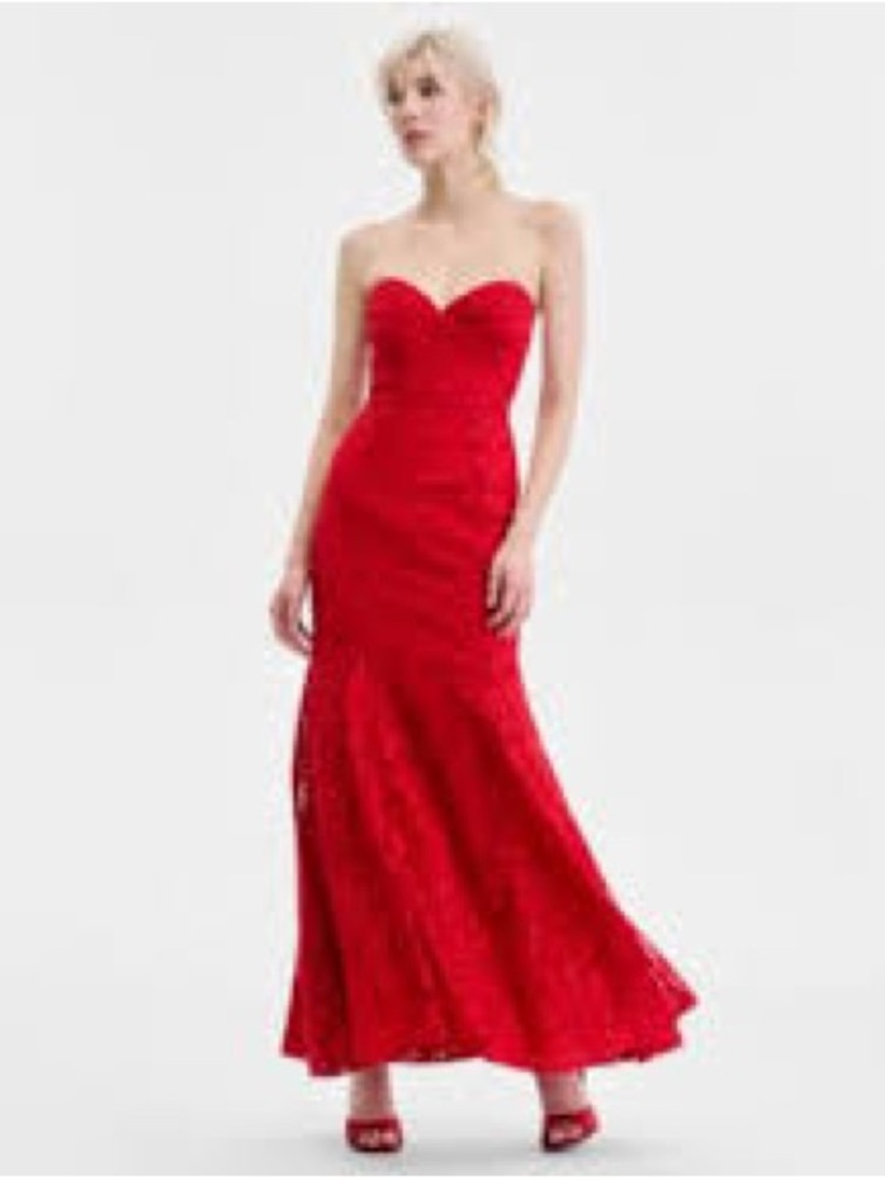 Strapless Red Lace Evening Gown